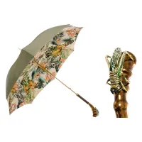 Picture Stylish women's khaki umbrella decorated with a plant motif with a handle in the shape of a grasshopper - Pasotti
