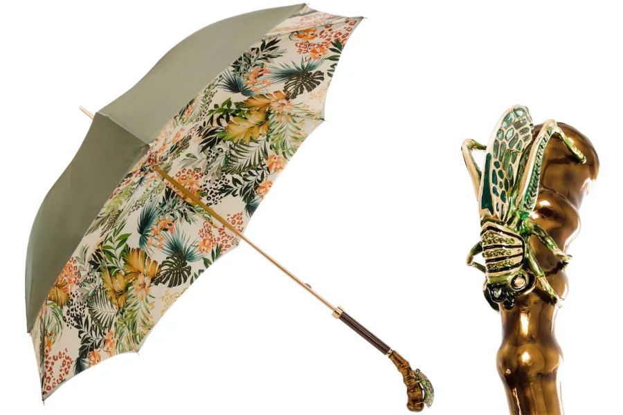 obrazek 1 Stylowy parasol damski w kolorze khaki zdobiony motywem roślinnym z rączką w kształcie konika polnego - Pasotti