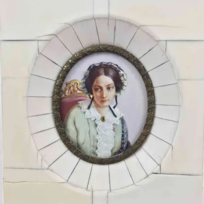 Picture Oval miniature with a small bronze frame within a wider rectangular frame veneered with ivory