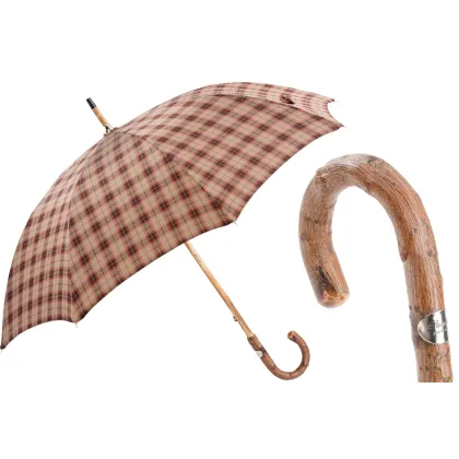 Picture Classic brown men's umbrella with a red and black check pattern with a wooden handle - Pasotti