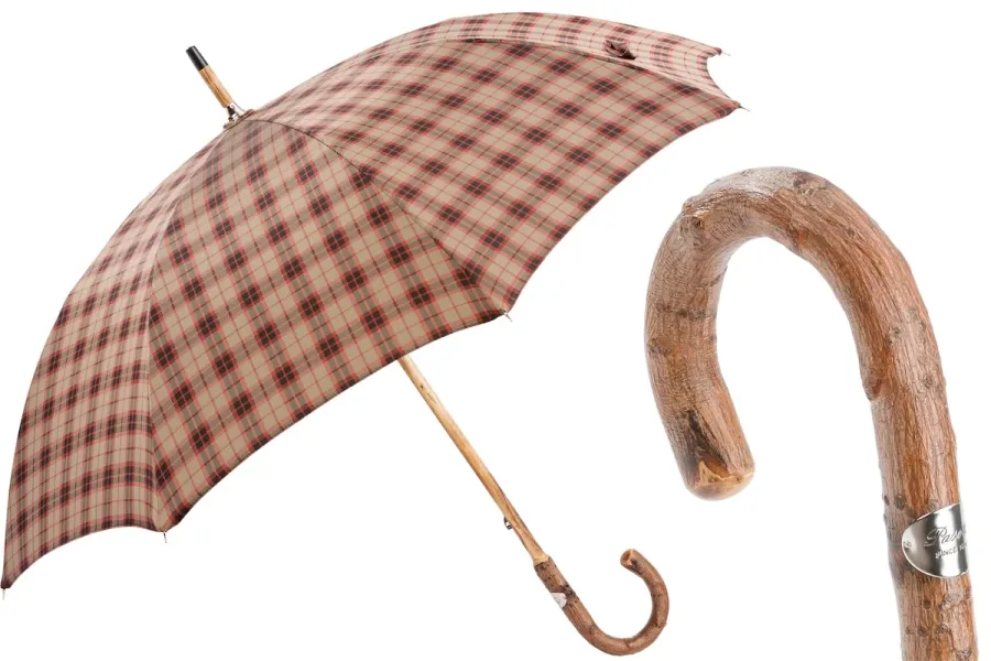 obrazek 1 Klasyczny brązowy parasol męski w czerwono czarną kratę z drewnianą rączką - Pasotti