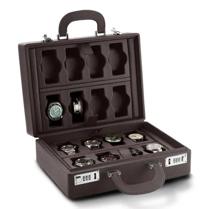 Zdjęcie Skórzana walizka z zamkiem szyfrowym na zegarki w czekoladowym odcieniu