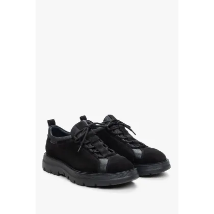 Zdjęcie Estro: Czarne półbuty męskie z nubuku i skóry naturalnej z elastycznym sznurowaniem