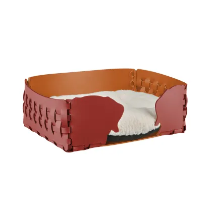 Zdjęcie Burgundowe skórzane legowisko dla psa 35x20xH15 cm zdobione motywem psich głów