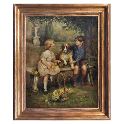 Zdjęcie Cudowny obraz olejny „Dzieci z bernardynem” na płótnie 70x55 cm - Jean Philipe Moreno