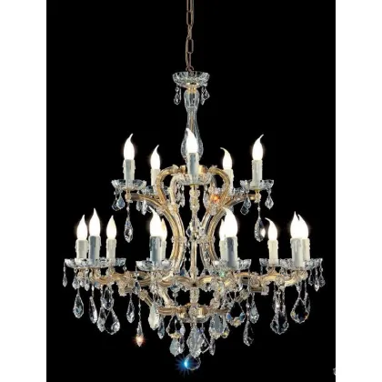 Zdjęcie Stylowy żyrandol Mariateresa z pozłacaną metalową ramą pokrytą szklanymi ramionami i przezroczystymi kryształowymi zawieszkami - Il Paralume Marina