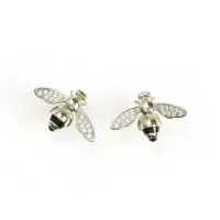 Picture Rhodium-plated silver earrings, finished with white zircons and black enamel