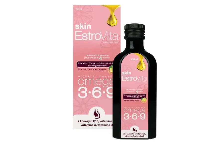 obrazek 1 Estrovita Skin, Smak cytrynowy, Kwasy omega-3-6-9, Płyn  250 ml