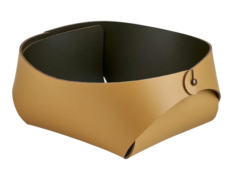 obrazek 1 Oryginalny skórzany koszyk Flora 20x20xH9 cm w kolorze musztardowym