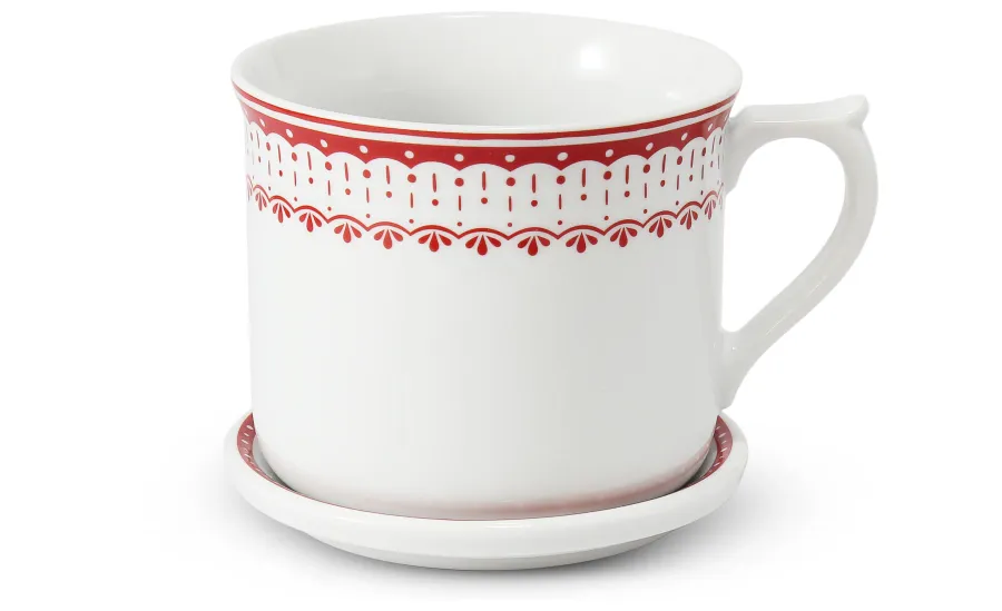 obrazek 2 Elegancki kubek z pokrywką z porcelany zdobiony delikatnym czerwonym ornamentem - Leander