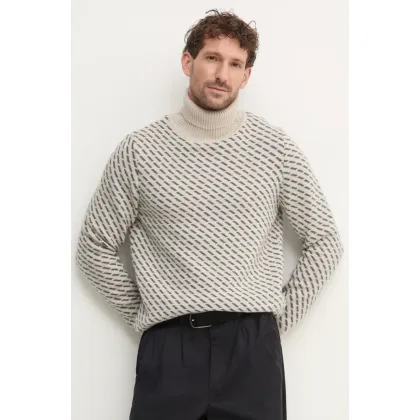 Zdjęcie Barbour sweter wełniany męski kolor beżowy ciepły z golferm MKN1630ST14