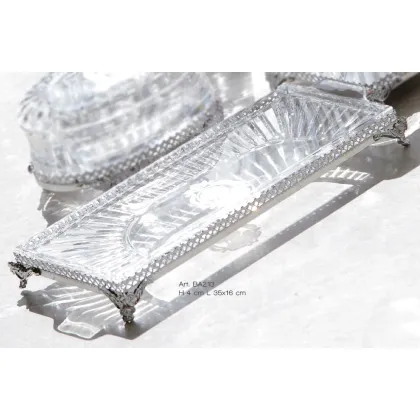 Zdjęcie Włoska kryształowa taca na akcesoria łazienkowe z ręcznie grawerowanym portretem damy i podstawą z chromowanego mosiądzu - Il Paralume Marina