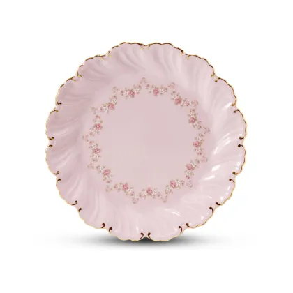 Zdjęcie Porcelanowy talerz na ciasto w kolorze różowym zdobiony girlandami z róż – Leander