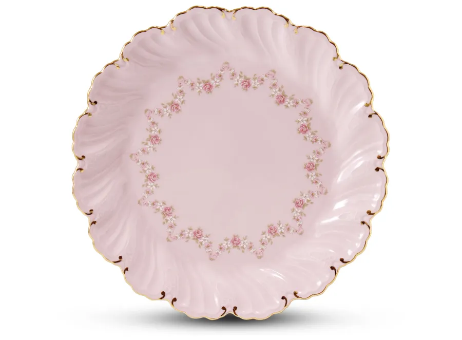 obrazek 1 Porcelanowy talerz na ciasto w kolorze różowym zdobiony girlandami z róż – Leander