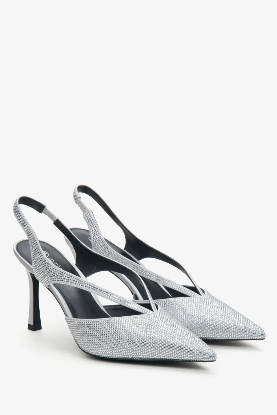 obrazek 1 Estro: Srebrne czółenka damskie typu slingback z kryształkami
