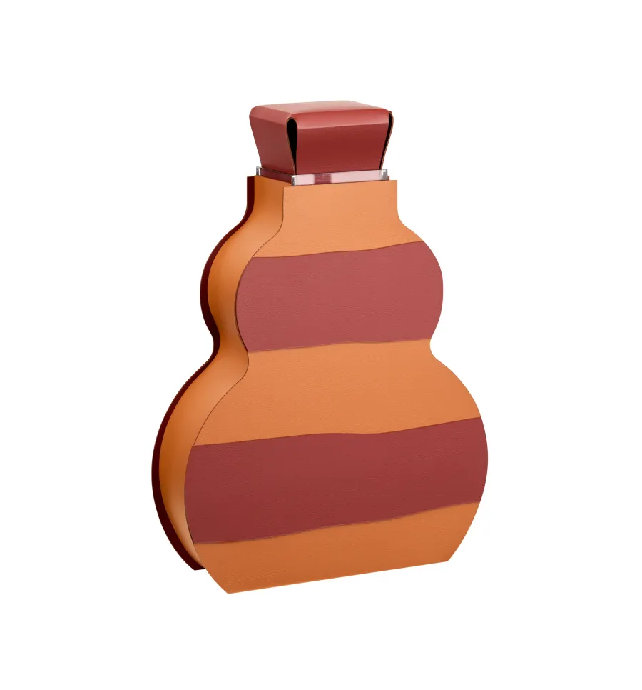 obrazek 2 Niepowtarzalny skórzany wazon Otto 9x33xH45 cm w poziome pasy w kolorze koniakowym i bordowym