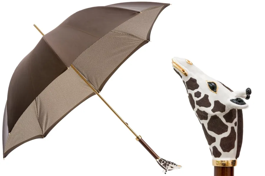 obrazek 1 Luksusowy parasol damski w kolorach brązu z rączką w kształcie głowy żyrafy - Pasotti