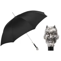 Zdjęcie Stylowy czarny parasol męski z rączką – srebrną głową Lucyfera – Pasotti