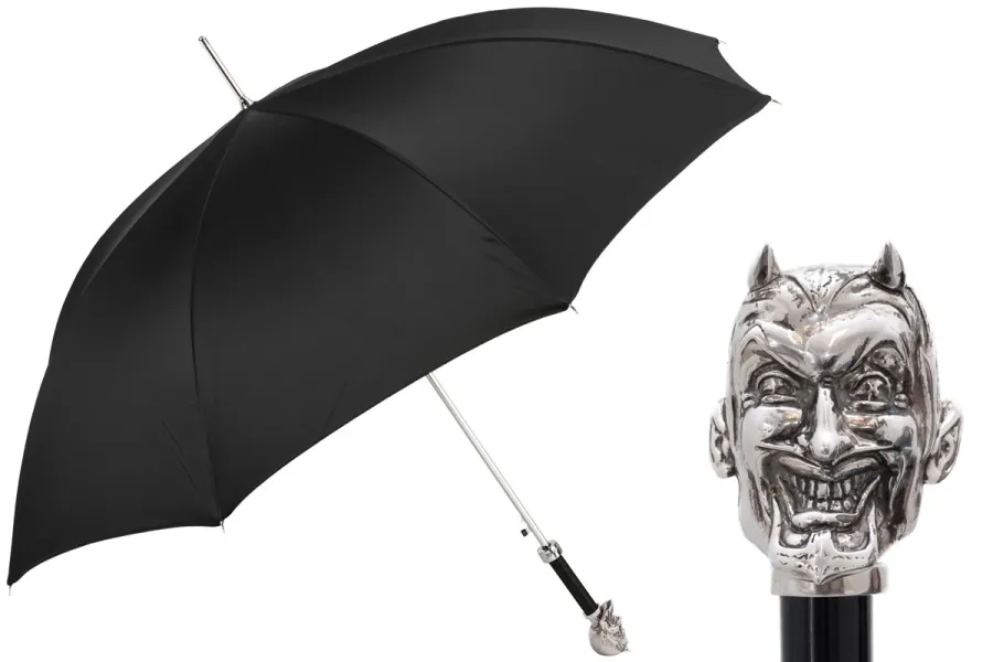 obrazek 1 Stylowy czarny parasol męski z rączką – srebrną głową Lucyfera – Pasotti