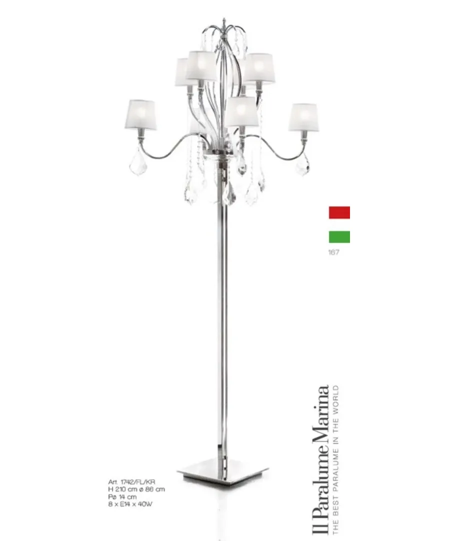 obrazek 1 Chromowana lampa podłogowa z kryształowymi wisiorkami Swarovski, kryształkami i białymi abażurami – Il Paralume Marina