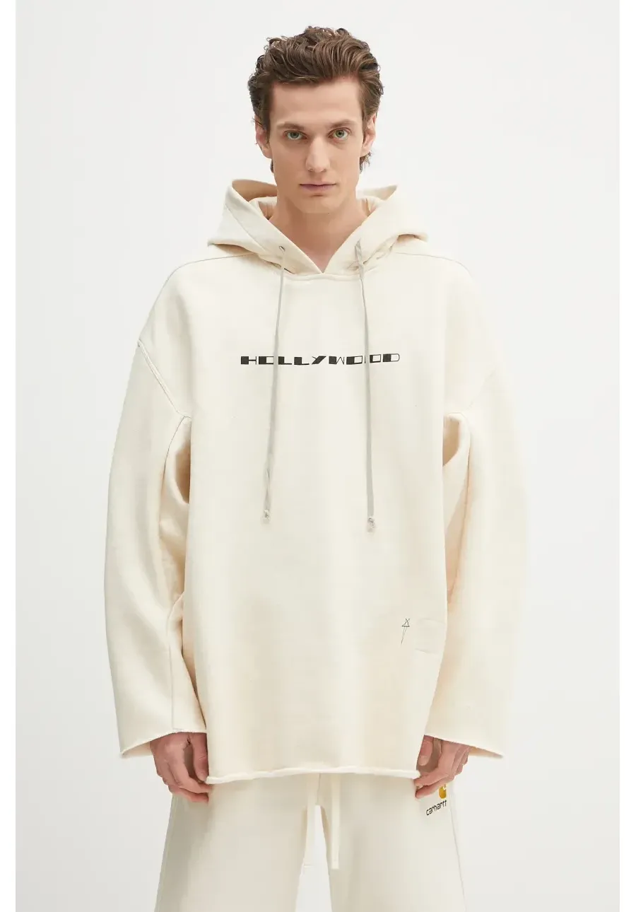 obrazek 1 Rick Owens DRKSHDW bluza bawełniana Peter męska kolor beżowy z kapturem z nadrukiem DU01E3280.FNEP5P