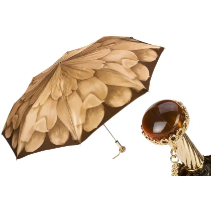 Zdjęcie Wyjątkowy parasol damski w kolorze beżowym zdobiony motywem kwiatu dalii z rączką wysadzaną klejnotem - Pasotti