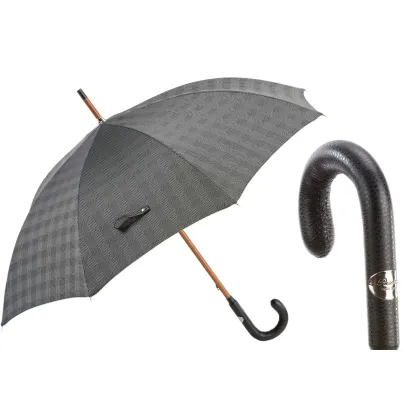 Picture Stylish gray men's checked umbrella with a beautiful leather handle - Pasotti