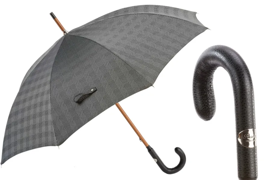 obrazek 1 Stylowy szary parasol męski w kratę z piękną skórzaną rączką - Pasotti