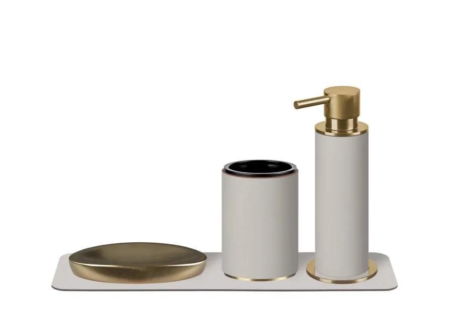 obrazek 2 Stylowy skórzany uchwyt na kubek Ø7xH10,5 cm w kolorze perłowym z matowym złoceniem