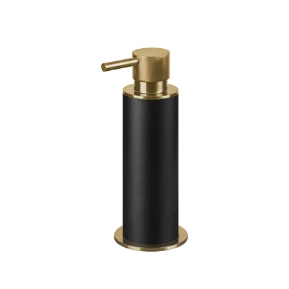 Picture Gold-plated bathroom dispenser Ø7xH19 cm with black leather finish