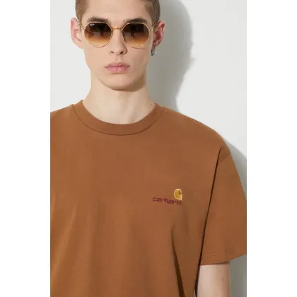 Zdjęcie Carhartt WIP t-shirt bawełniany S/S American Script T-Shirt męski kolor brązowy z aplikacją I029956.HZXX