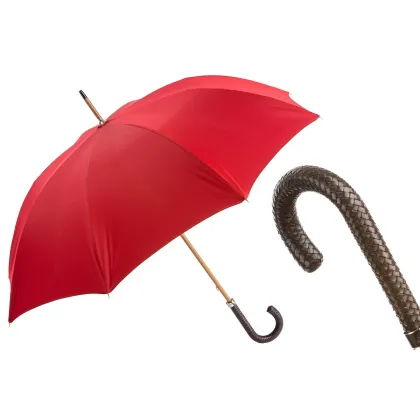 Picture Stylish red men's umbrella with a braided leather handle - Pasotti