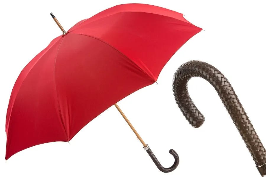 obrazek 1 Stylowy parasol męski w kolorze czerwonym z plecioną skórzaną rączką – Pasotti