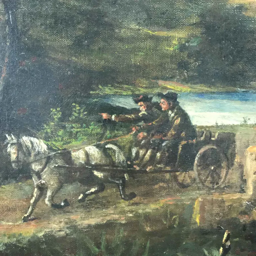 obrazek 2 Podgórski krajobraz z mostem nad rzeką na pierwszym planie, przez który jedzie rydwan 1980