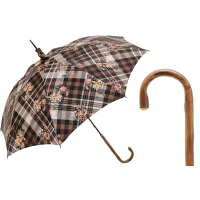 Zdjęcie Stylowy parasol damski w brązową kratę zdobiony subtelnym motywem kwiatowym – Pasotti