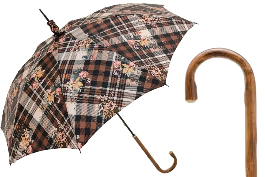 obrazek 1 Stylowy parasol damski w brązową kratę zdobiony subtelnym motywem kwiatowym – Pasotti
