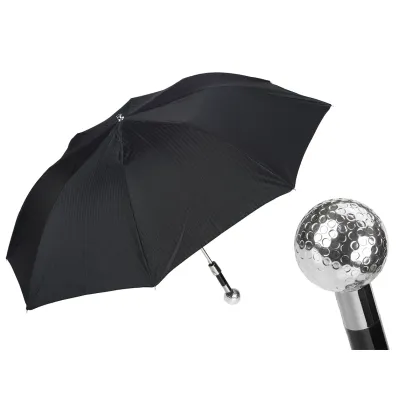 Picture Stylish black men's umbrella with a handle in the shape of a silver golf ball - Pasotti