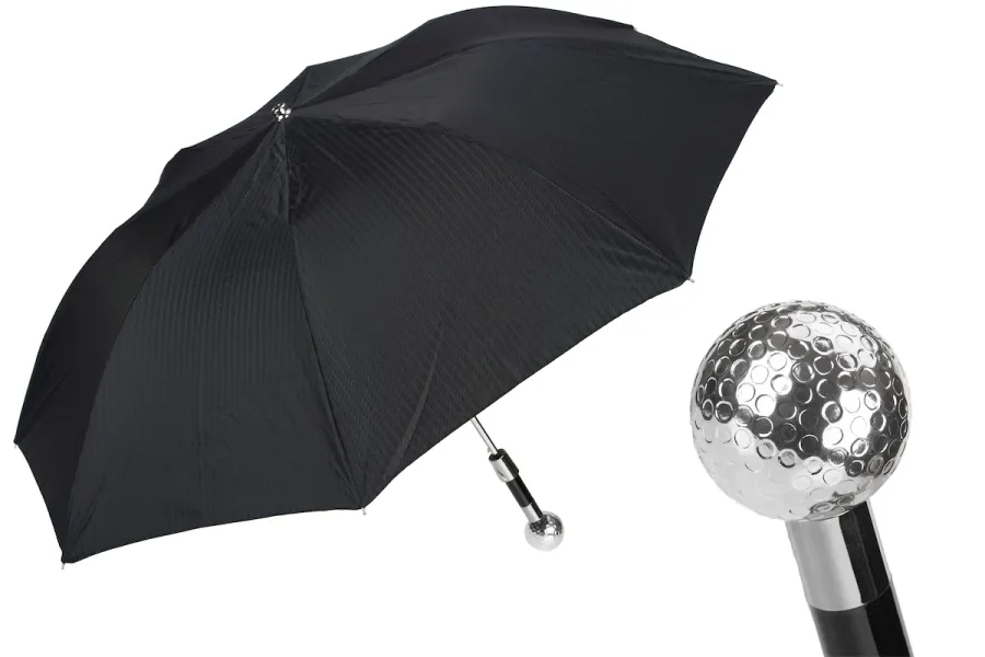 obrazek 1 Stylowy czarny parasol męski z rączką w kształcie srebrnej piłki golfowej – Pasotti