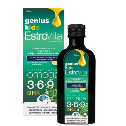 Zdjęcie EstroVita Genius Kids, Bioestry kwasów Omega 3-6-9, Płyn o smaku cytrynowym 150 ml Estrovita