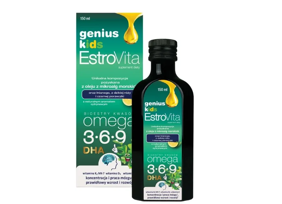 obrazek 1 EstroVita Genius Kids, Bioestry kwasów Omega 3-6-9, Płyn o smaku cytrynowym 150 ml Estrovita