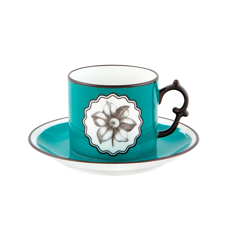 obrazek 1 Porcelanowa turkusowo-czarna filiżanka do herbaty ze spodkiem Herbariae z czarnym motywem inspirowanym kwiatami - Vista Alegre