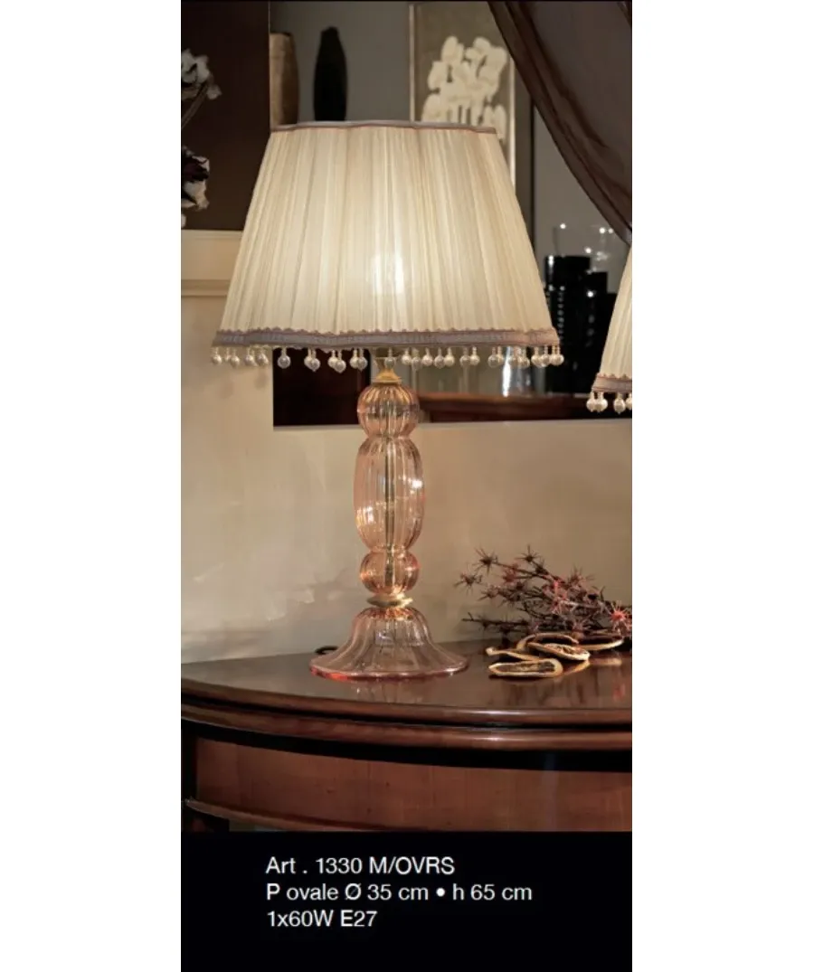 obrazek 1 Piękna lampa z bursztynowego szkła Murano z różowym abażurem w kwiaty - Il Paralume Marina