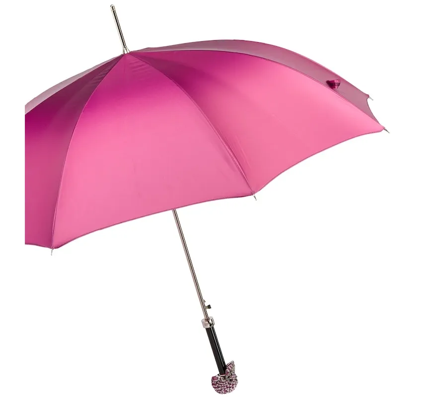 obrazek 8 Piękny różowy parasol damski z rączką zdobioną czaszką wysadzaną kryształkami Swarovskiego - Pasotti