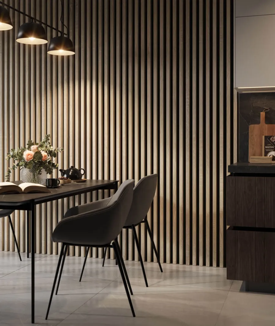 obrazek 1 275x30x4,6 cm LD (5 lameli dąb sonoma) panel akustyczny na płycie MDF 6 mm - dekoracja ścienna 3D