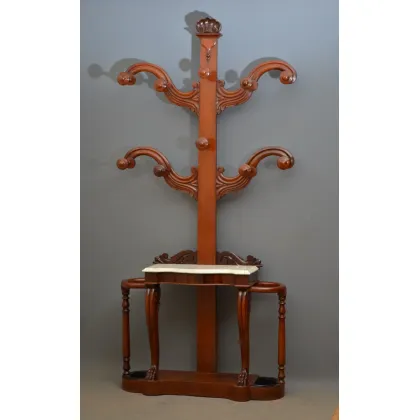 Zdjęcie Unikatowy mahoniowy stojak / wieszak na ubrania, mający 4 przewijane ramiona nad marmurową platformą - antyk