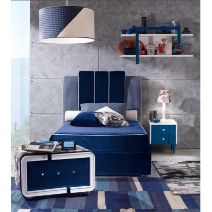 Zdjęcie Tapicerowane, niebieskie łóżko młodzieżowe ze schowkiem na pościel - Ferretti e Ferretti