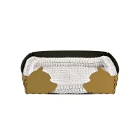 Zdjęcie Designerskie legowisko dla psa 60x42xH15 cm w kolorze musztardowym zdobione motywem psich głów
