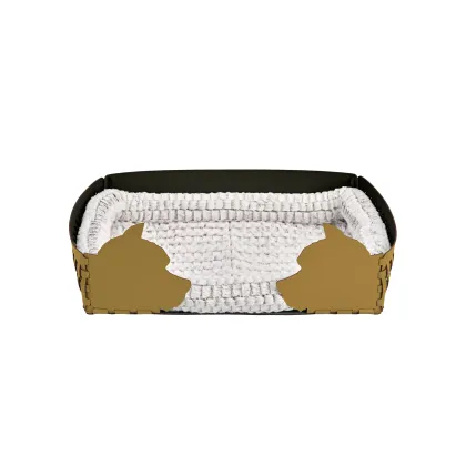 Zdjęcie Designerskie legowisko dla psa 60x42xH15 cm w kolorze musztardowym zdobione motywem psich głów