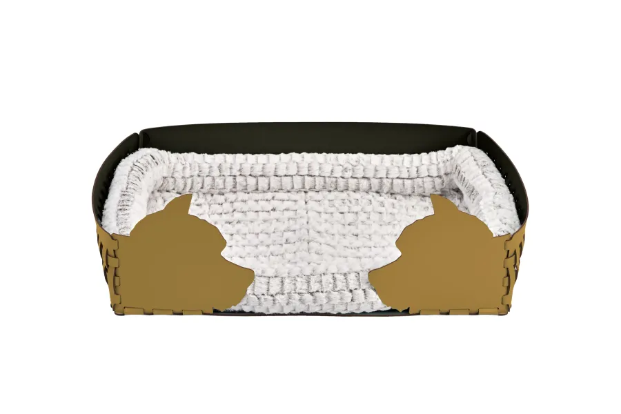 obrazek 1 Designerskie legowisko dla psa 60x42xH15 cm w kolorze musztardowym zdobione motywem psich głów