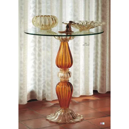 Zdjęcie Stolik kawowy z bursztynowego i złotego szkła Murano z podstawą ze starego złota i kryształu – Il Paralume Marina